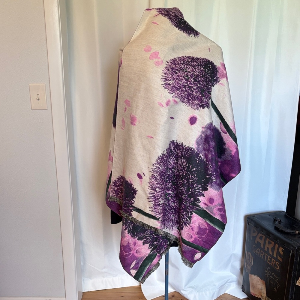 Pashmina 25x70 scarf with purple flower scene on cream background soft unique